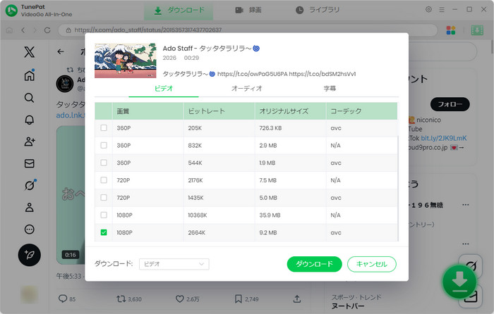 Twitter動画のダウンロードオプション