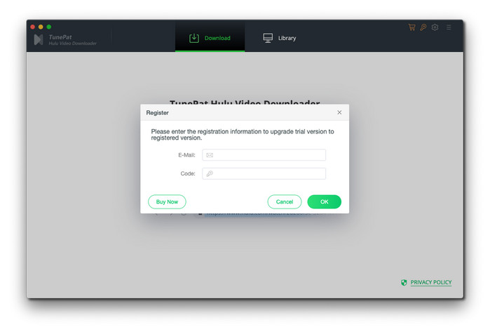 TunePat Hulu Video Downloader Mac製品登録を行う